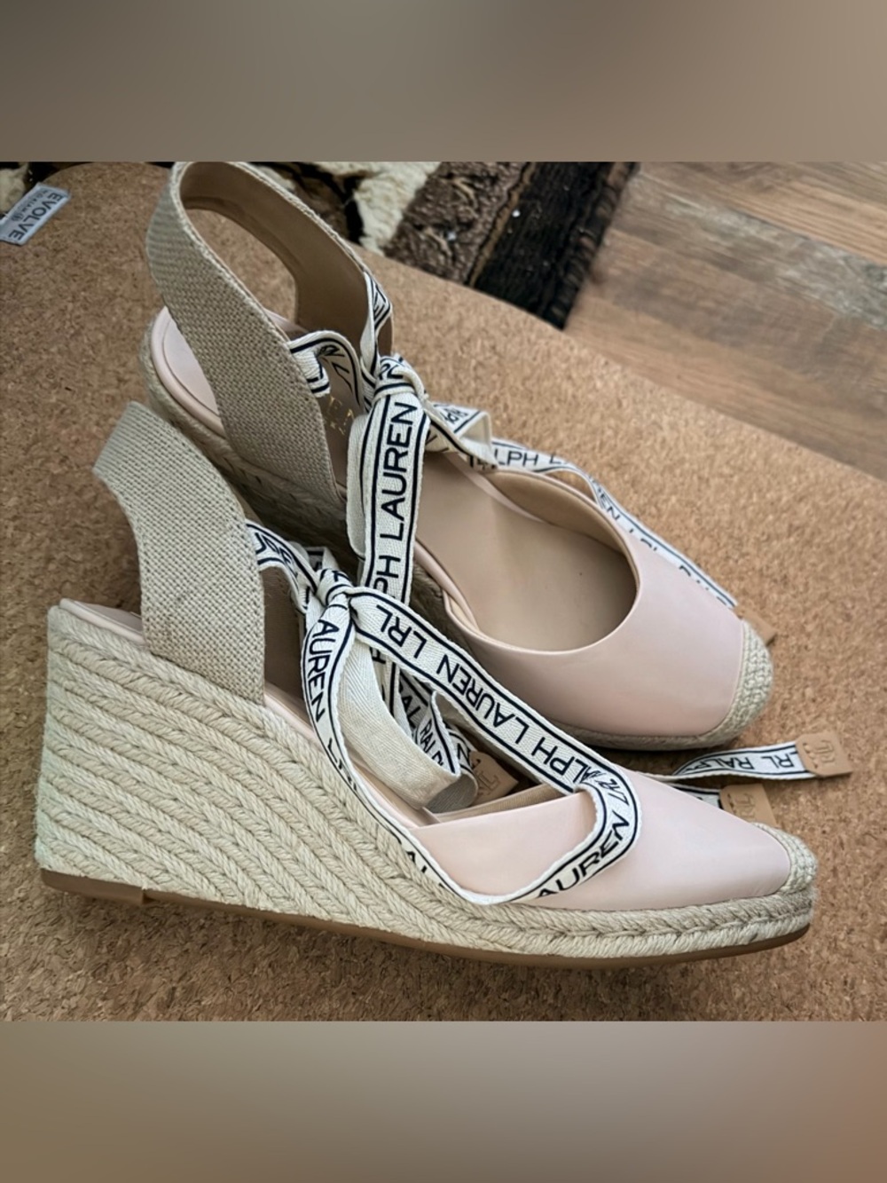 Ralph Lauren Blush Espadrille Wedge Sandals with Logo Ankle Ties